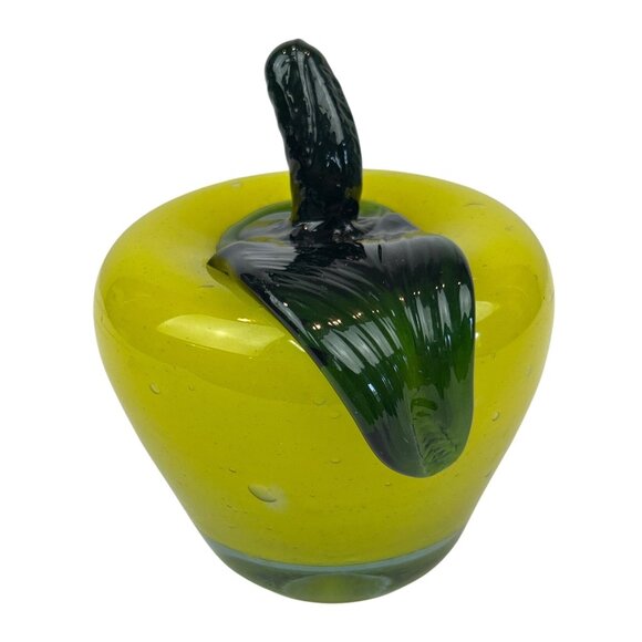 Murano Style Vintage Green Glass Apple Paperweight Stem Leaf Accent - Picture 3 of 10